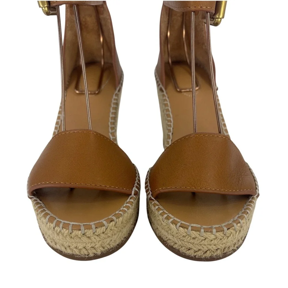 See by Chloe Glyn Leather Espadrille Wedge Sandals Brown Size 36